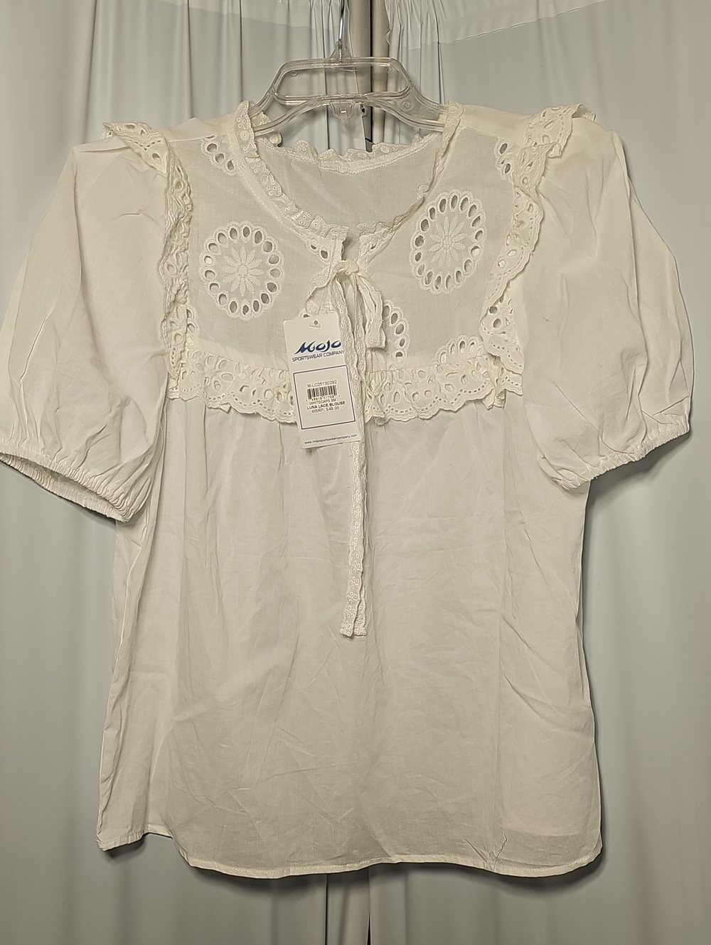 Mojo Luna Lace Eyelet Short Puff Sleeve White Cotton Ruffle Blouse Top